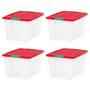 IRIS 54 Qt Stackable Holiday Plastic Storage Bins with Lids and Latching Buckles Clear Red 4 Pack