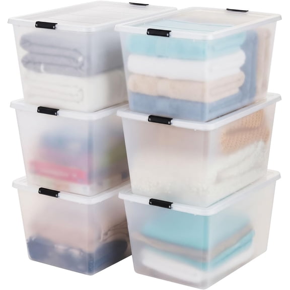 IRIS 55 Qt Clip Box with Latching Lids, Storage Organization, Clear, 6Pk