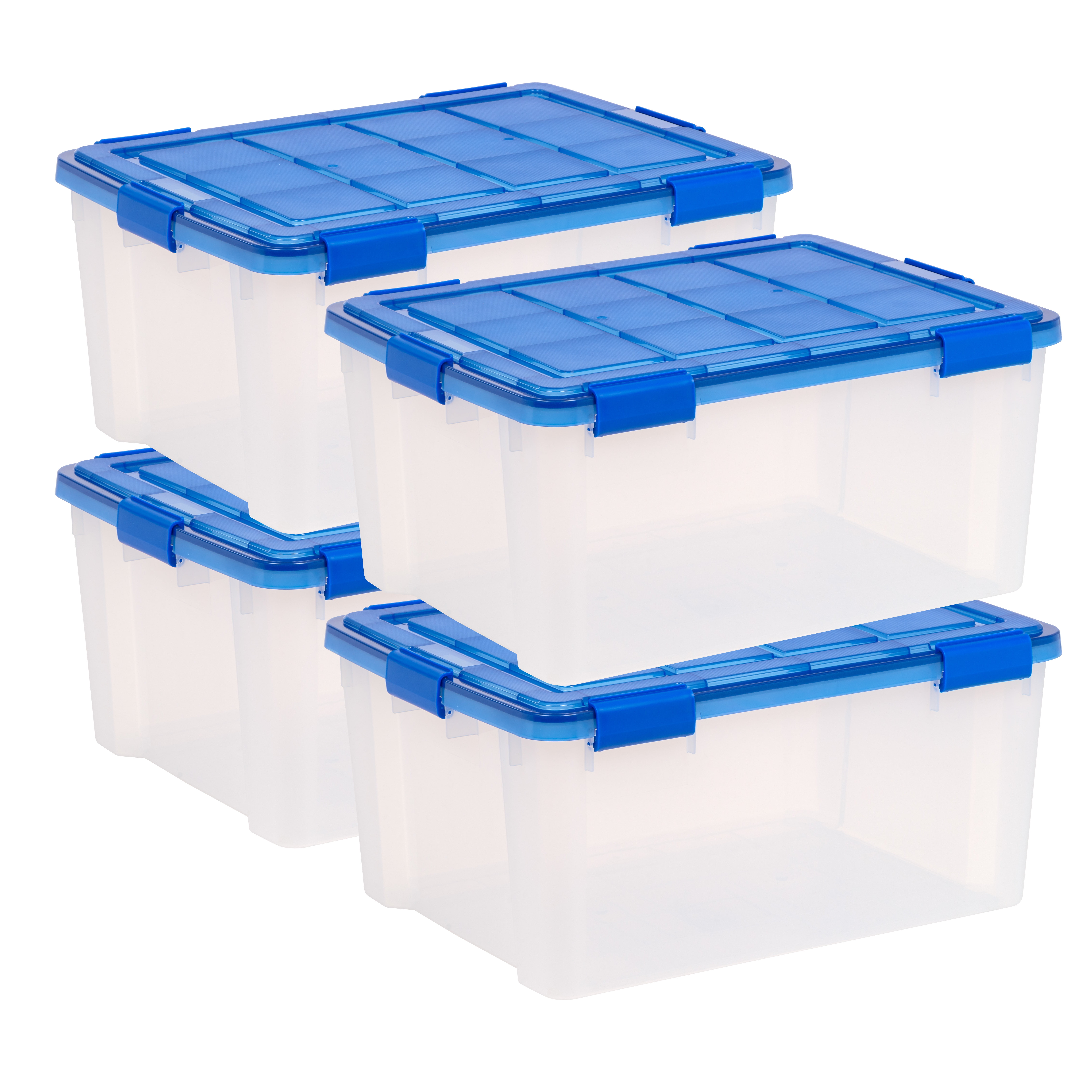 IRIS USA, 60 Quart WeatherPro Plastic Storage Boxes with Lid, Blue and Clear, Set of 4