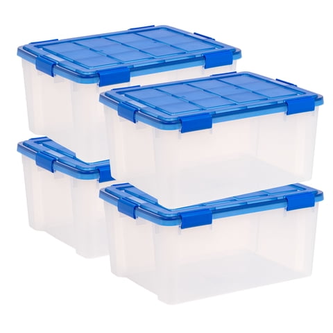 IRIS USA, 60 Quart WeatherPro Plastic Storage Boxes with Lid, Blue and Clear, Set of 4