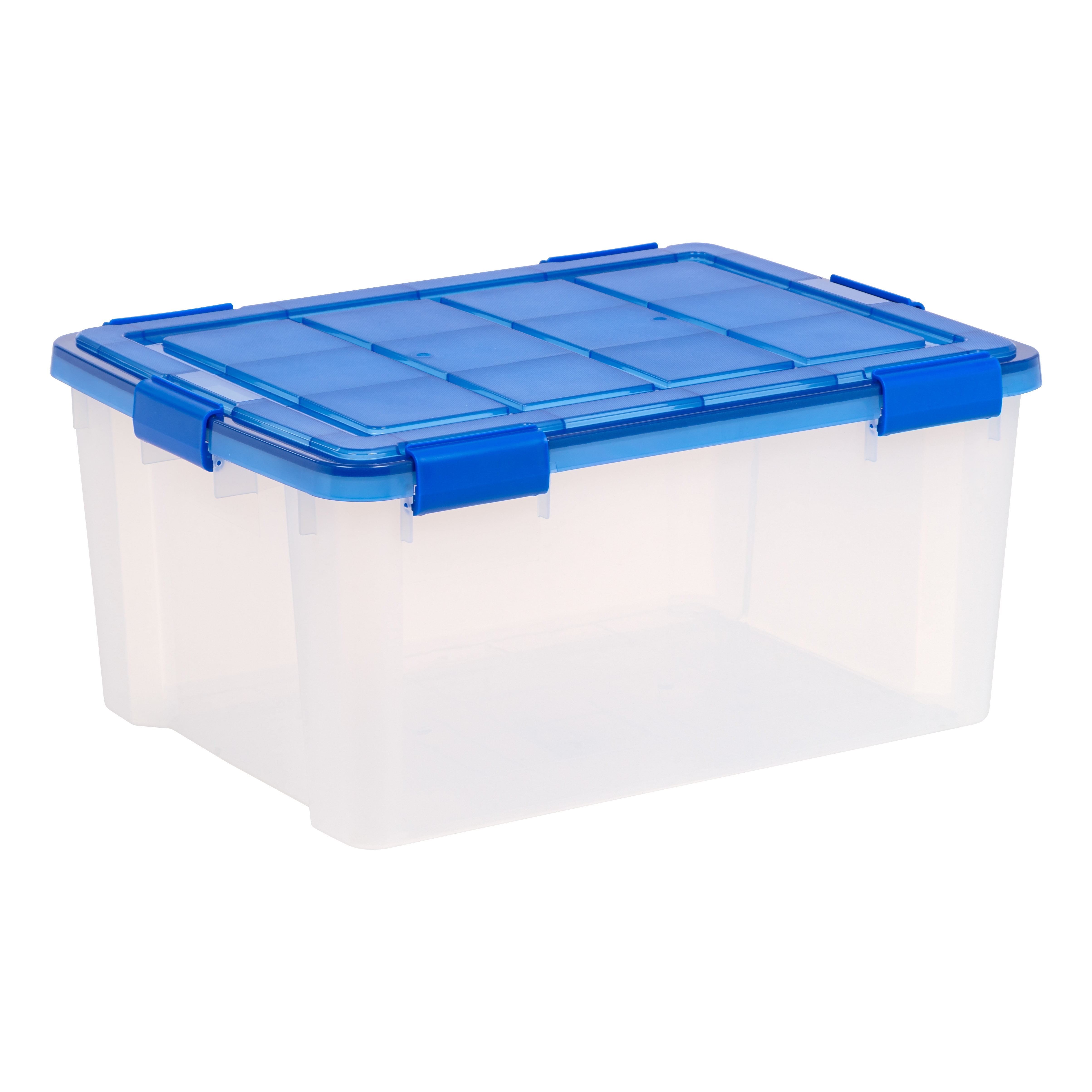 Clear 60 Quart Stackable Plastic Storage Box with Blue Lid