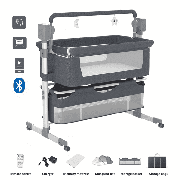 IRIS Baby Baby Bassinet,Baby Swing,Baby Bedside Crib with 3-Level Height Adjustment, Mosquito Net for Newborns, Unisex,Grey