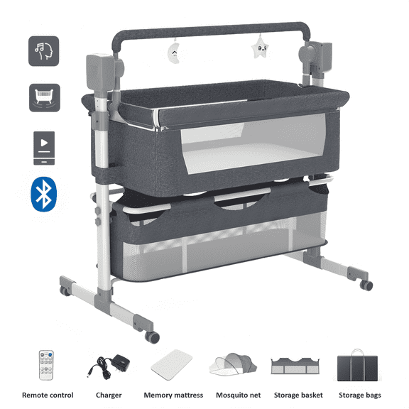 IRIS Baby Baby Bassinet,Baby Swing,Baby Bedside Crib with 3-Level Height Adjustment, Mosquito Net for Newborns, Unisex,Grey