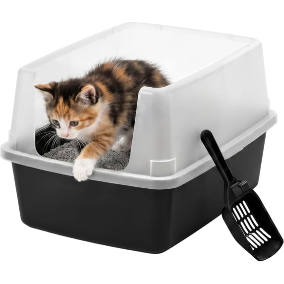 IRIS Cat Litter Box Small, High Sided, Scatter Shield, Black