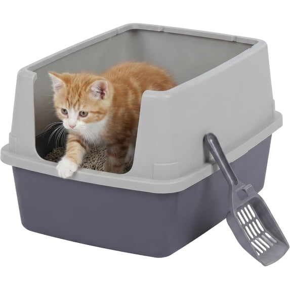 IRIS Cat Litter Box Small, High Sided, Scatter Shield, Gray