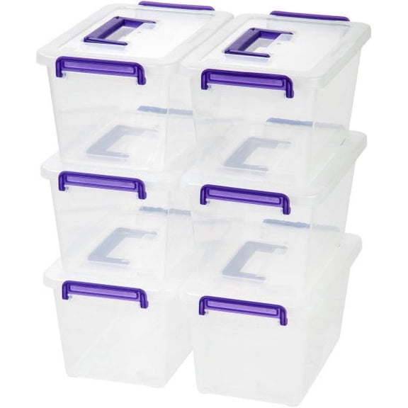 IRIS Medium Deep Modular Latching Box - Purple Handle, 6 Pack, Clear