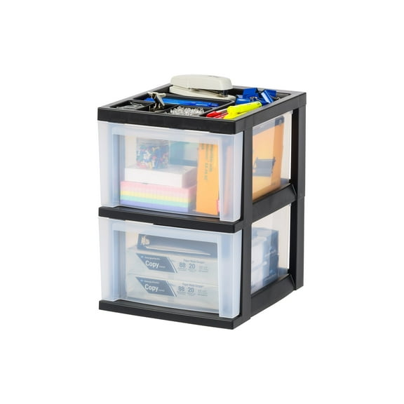Iris Inc 116352 2-compartment Desktop Stackable Storage Drawer, 12.17 X 14.33 X 16.77, Black/translucent White