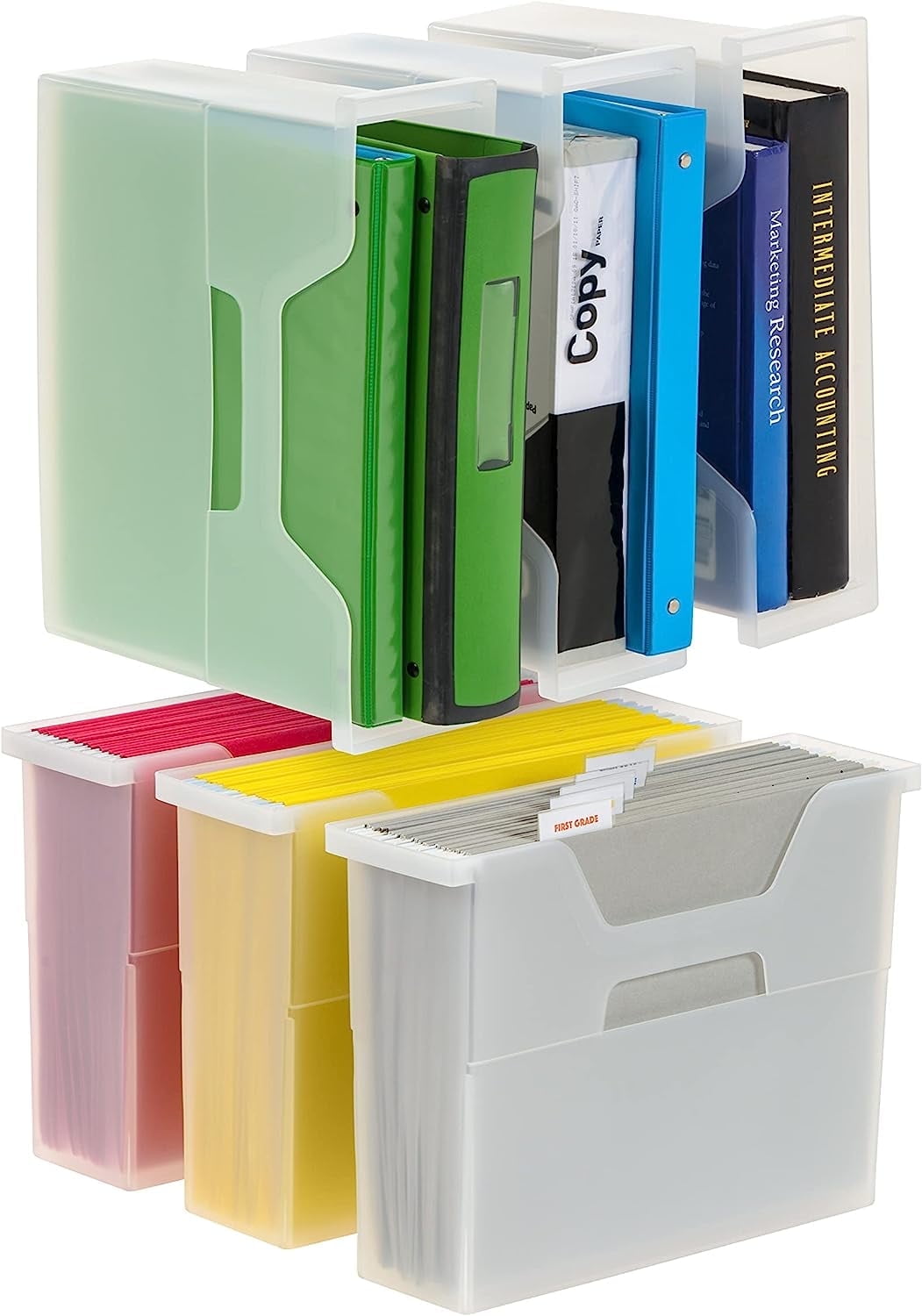Clear Plastic Desktop File Box with Side Handles, 6 Pack