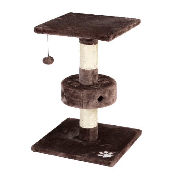 IRIS Plush Cat Perch with Dangling Toy and Peek-a-Boo Ball Game, Brown/Beige