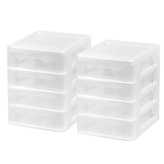 Open Box IRIS Small 4-Drawer Compact Desktop Organizer, Stacking Desktop Unit, White-Clear, Set of 2