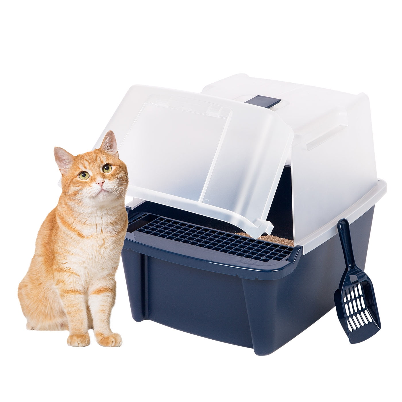 Large Navy Enclosed Cat Litter Box with Scoop