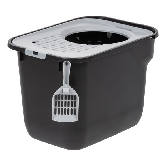 IRIS Square Top Entry Cat Litter Box with Litter Catching Lid, Privacy Walls and Scoops, Black