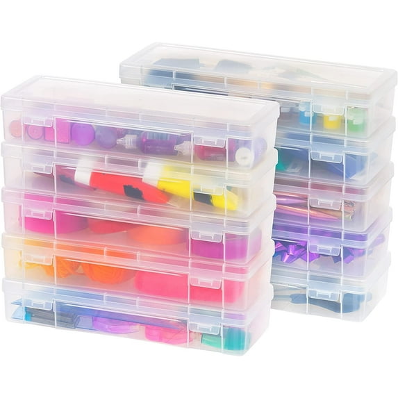 IRIS USA 10 Pack Large Plastic Art Craft Sewing Supply Organizer Storage Containers with Latching Lid, for Paint Brush, 12" Ruler, Pencil Case, Ribbons, Washi Tape, Ornaments, Stackable, Clear