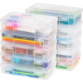 IRIS USA 10 Pack Plastic Hobby Art Craft Supply Organizer Storage Containers with Latching Lid, for Pens & Pencil Case, Ribbons, Wahi Tape, Beads, Sticker, Yarn, Ornaments, Stackable, Clear, Medium