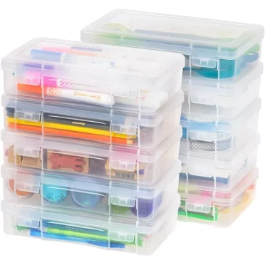 IRIS USA 10 Pack Plastic Hobby Art Craft Supply Organizer Storage Containers with Latching Lid, for Pens & Pencil Case, Ribbons, Wahi Tape, Beads, Sticker, Yarn, Ornaments, Stackable, Clear, Medium