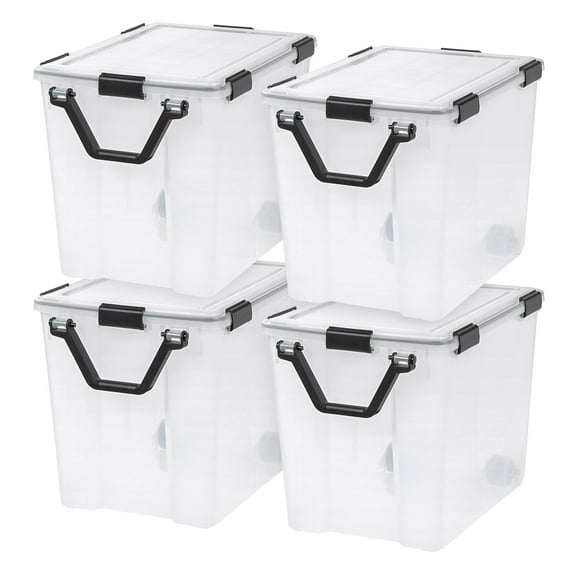IRIS USA 4 Pack 106qt WEATHERPRO Wheeled Plastic Storage Bin with Seal Latching Lid and 6Buckles, Pull Handle