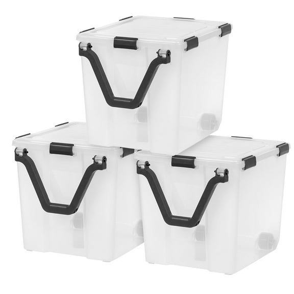 IRIS USA 3Pack 106qt WEATHERPRO Wheeled Plastic Storage Bin with Seal Latching Lid and 6Buckles, Pull Handle