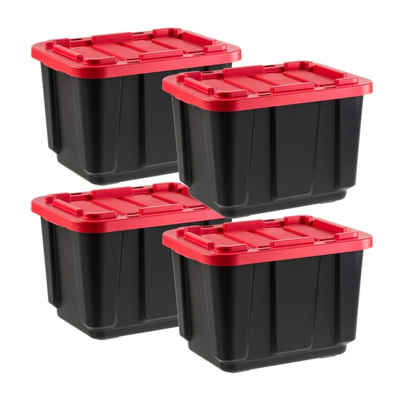 IRIS USA 11.5Gal/46Qt 4 Pack All-Weather Heavy-Duty Stackable Storage Plastic Bin Tote Container with Quick Snap Lid (20" L x 15" W x 14" H) Black/Red