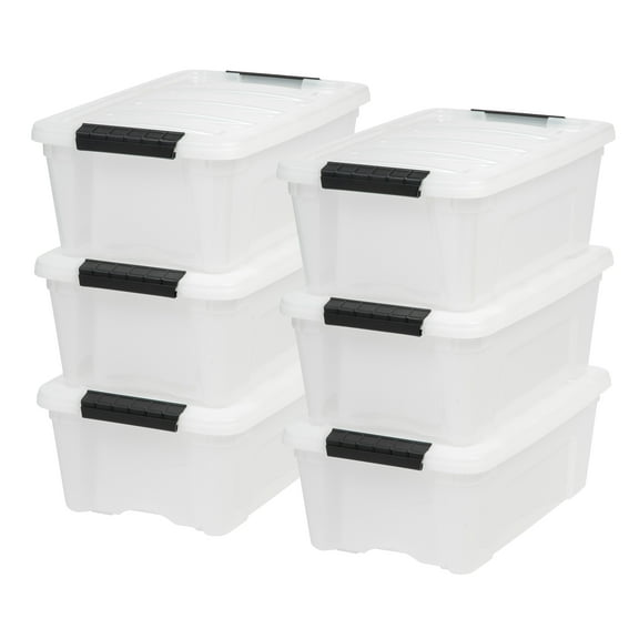IRIS USA 13 Qt Stackable Plastic Storage Bins with Lids, 6 Pack, Discreet Organizing Solution, Latches, Durable Nestable Containers, Secure Pull Handle - Pearl