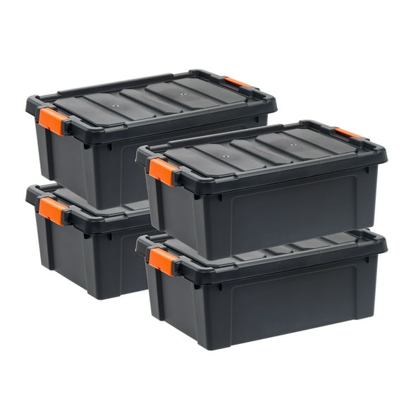 IRIS USA, 11 Gallon Stackable Heavy Duty Plastic Storage Tote, Black/Orange, Set of 4