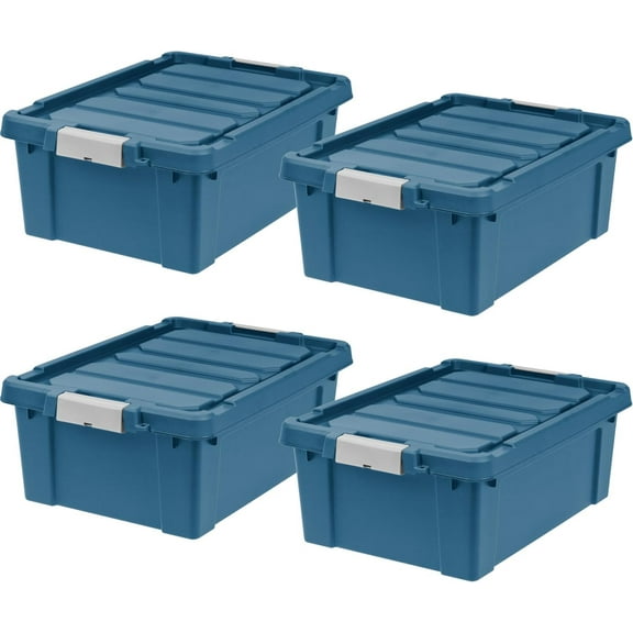 IRIS USA 12 Gallon Eco-Friendly Lockable Storage Bins with Lids, 4 Pack - Made in USA, Heavy Duty, Stackable Containers, Garage Organizing Bins Moving Tubs, Rugged Sturdy Equipment Utility Box - Navy