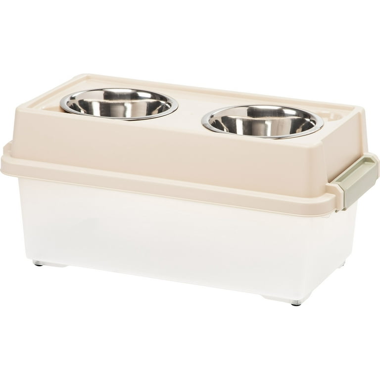 IRIS USA 13 Lbs. 12 Qt. 9 H Medium Elevated Feeder with Airtight Pet Food Storage Container Dry Food Bin with Removable Dog Bowls in Lid At Home or Camping Pet Food Container Clear Almond