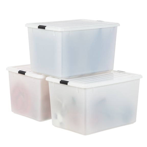IRIS 144 Qt Stackable Plastic Storage Bins with Lids and Latching Buckles, Pearl, 3Pk