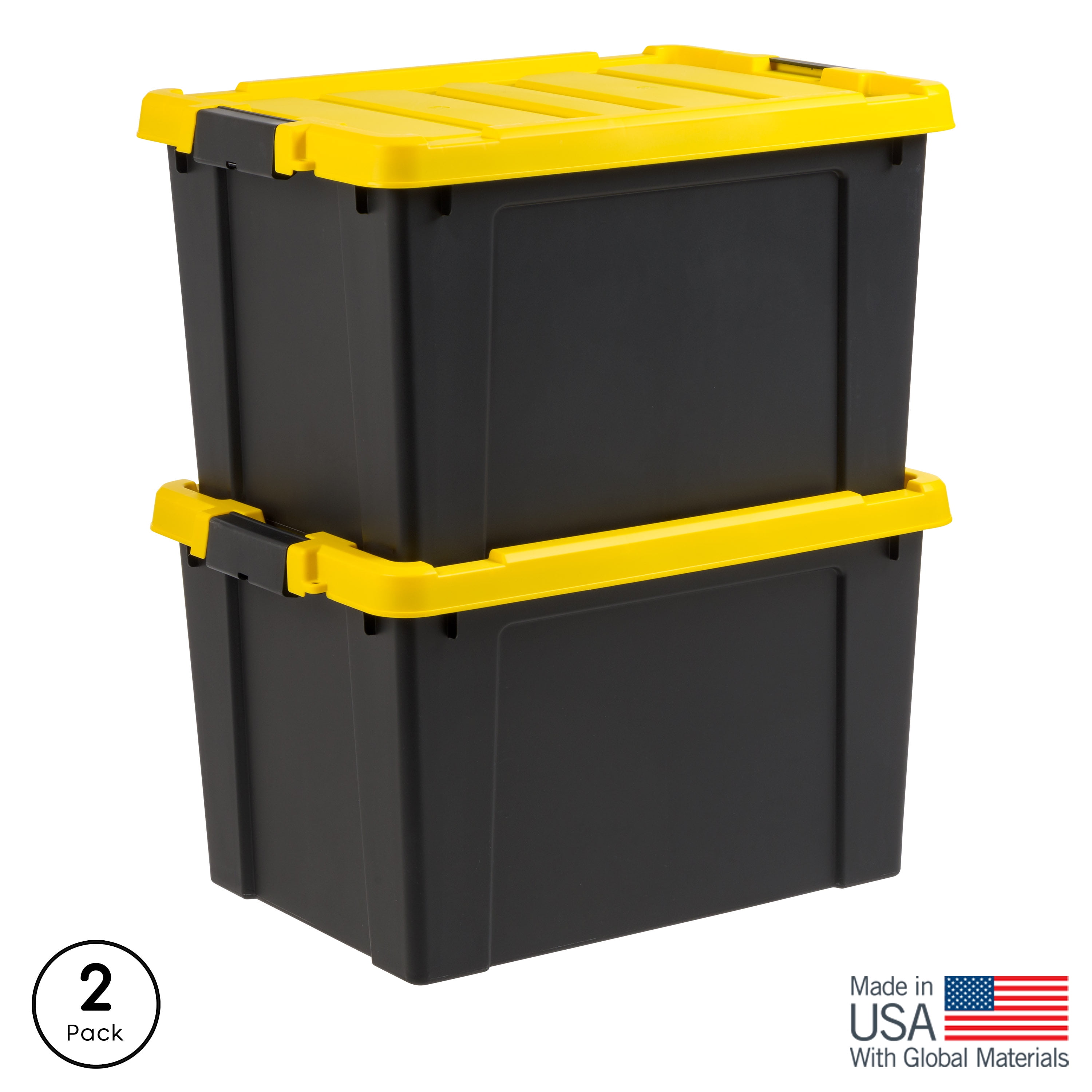 Heavy Duty Black and Yellow Stackable Storage Totes with Lids