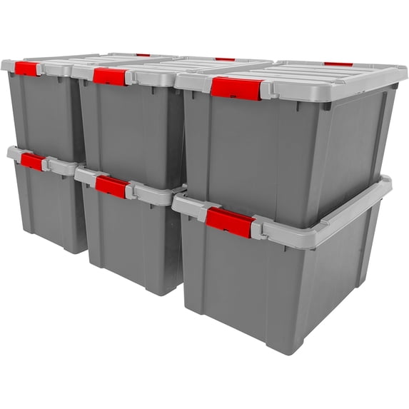 IRIS 19 Gallon Lockable Storage Totes with Lids, 6 Pack - Gray, Heavy-Duty Durable Stackable Containers, Large Garage Organizing Bins Moving Tubs
