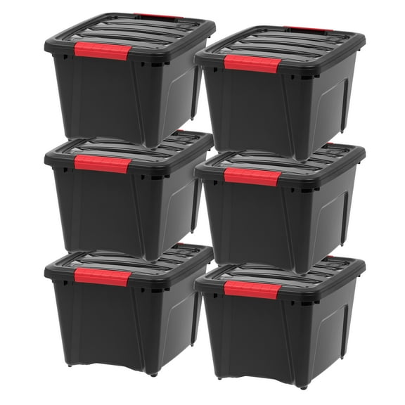 IRIS 19 Qt Stackable Plastic Storage Bins with Lids- Garage- Black, 6Pk