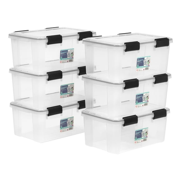 IRIS USA 19 Qt Storage Box with Gasket Seal Lid, 6 Pack, Made in USA - Heavy Duty Moving Containers with Tight Latch, Weather Proof Tote Bin, WEATHERPRO - Clear/Black