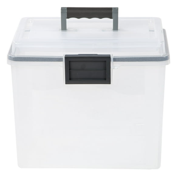 IRIS USA 19 Qt. WEATHERPRO Plastic Office Storage Portable Letter Size File Box with Organizer-Lid and Seal and Secure Latching Buckles, Clear