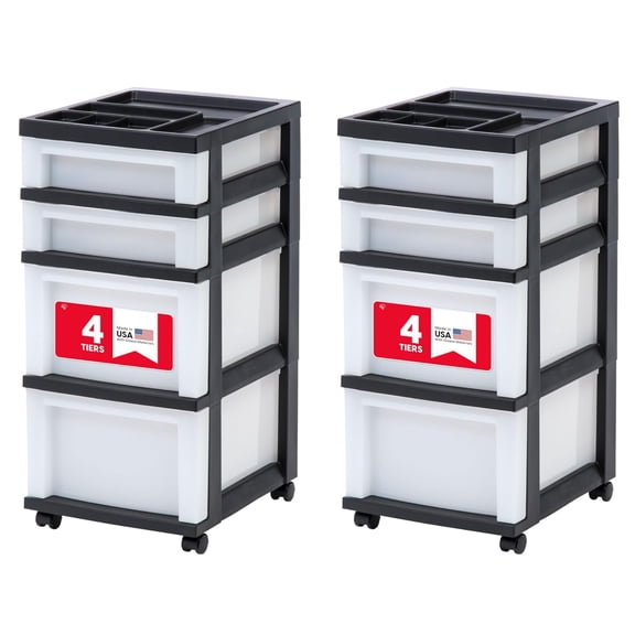 IRIS USA 2 Pack 4-Drawer Plastic Storage Cart with Wheels for Craft and Office Use, Black