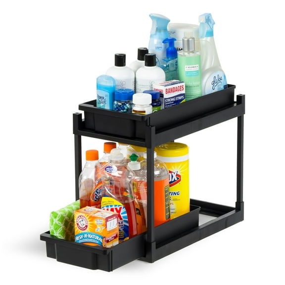 IRIS USA 2-Tier Under Sink Organizer, 1 Pack, Storage with Sliding Drawers - Versatile solution for Office, Kitchen or Bathroom - Black