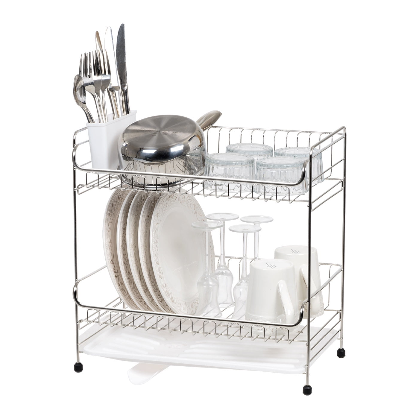 Stainless Steel 2-Tier Foldable Dish Rack with White Tray