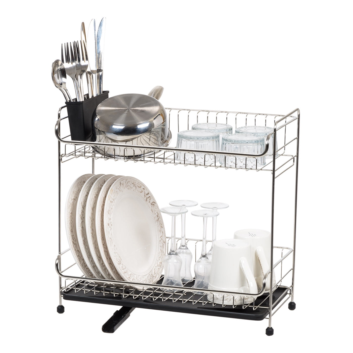 IRIS Stainless Steel 2-Tier Compact Dish Rack with Black Tray
