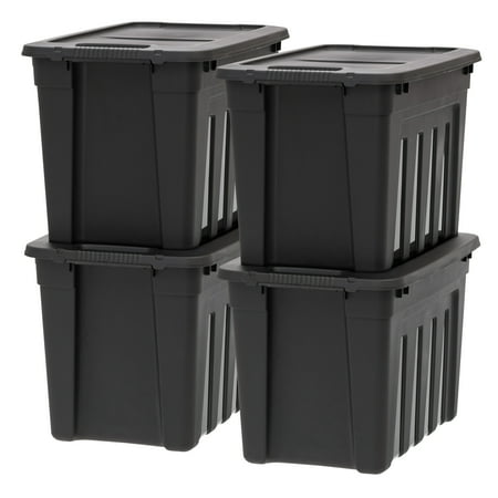 IRIS 20 Gal Utility Totes with Easy-Grip Handles - Black, Heavy-Duty Durable Stackable Storage Containers, 4Pk