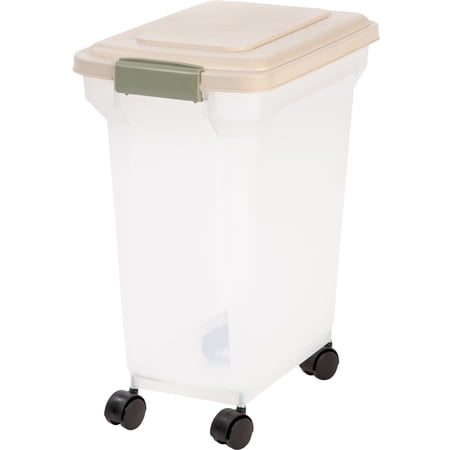 IRIS USA 22 Lbs / 28 Qt WeatherPro Airtight Pet Food Storage Container with Attachable Casters, For Dog Cat Bird and Other Pet Food Storage Bin, Keep Fresh, Translucent Body, Clear/Almond