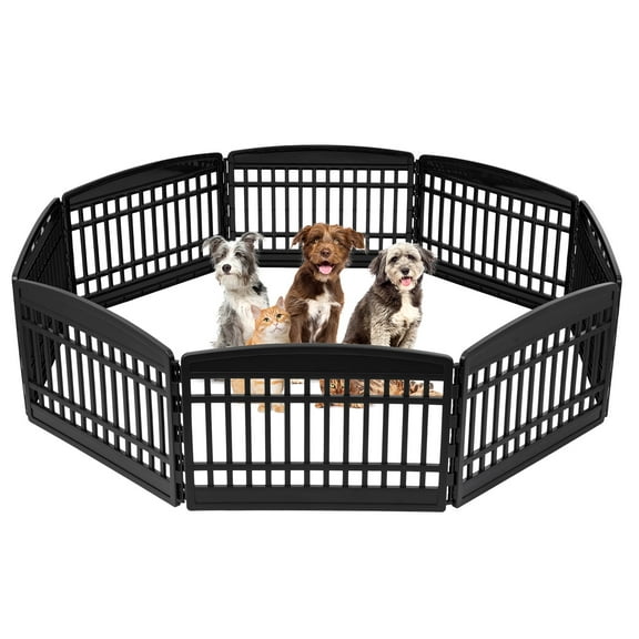 IRIS USA 24" Exercise 8-Panel Pet Playpen, Dog Playpen, Puppy Playpen, for Small and Medium Dogs, Keep Pets Secure, Easy Assemble, Fold It Down, Easy Storing, Customizable, Black