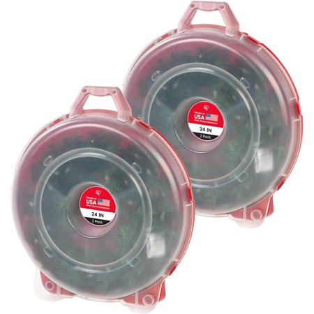 IRIS 24" Wreath Storage Container With Latches and Handle, 2 Pack, For Holiday Garland/Wreath, Holiday Decorations, and Heavy Duty, Portable, High Protection, and Space Saving Storage, Clear/Red