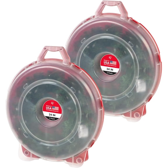 IRIS USA 24" Wreath Storage Container With Latches and Handle, 2 Pack, For Holiday Garland/Wreath, Holiday Decorations, and Heavy Duty, Portable, High Protection, and Space Saving Storage, Clear/Red