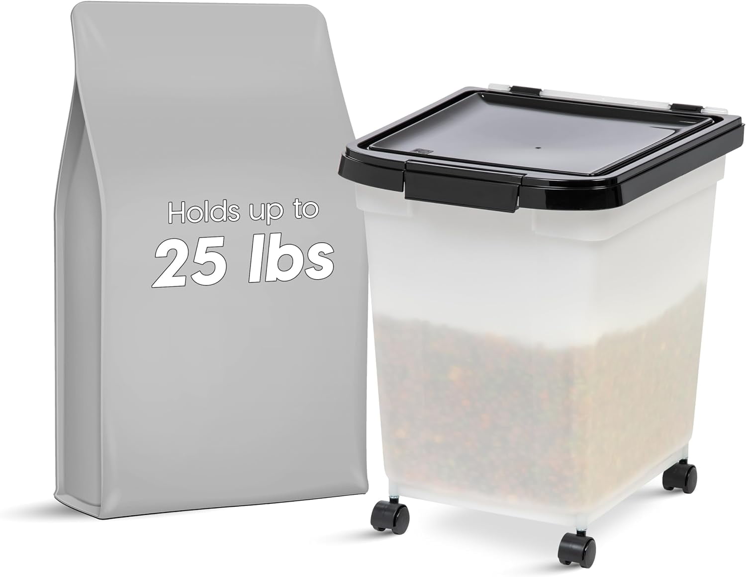 Clear and Black Airtight Plastic Food Storage Container with Casters, 32.5 Qt