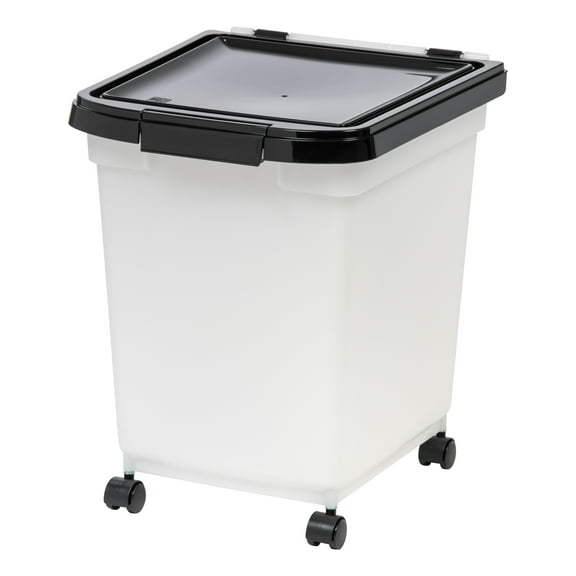 IRIS USA 25 Lbs / 32.5 Qt WeatherPro Airtight Pet Food Storage Container with Removable Casters, for Dog Cat Bird and Other Pet Food Storage Bin, Keep Fresh, Translucent Body, Clear/Black