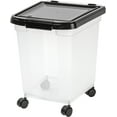 thumbnail image 1 of IRIS USA 25 Lbs / 32.5 Qt WeatherPro Airtight Pet Food Storage Container with Removable Casters, for Dog Cat Bird and Other Pet Food Storage Bin, Keep Fresh, Translucent Body, Clear/Black, 1 of 6