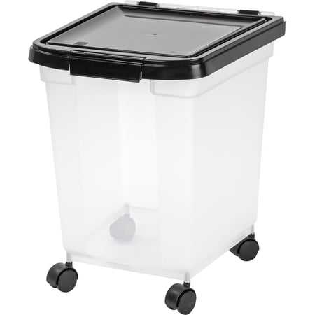 IRIS USA 25 Lbs / 32.5 Qt WeatherPro Airtight Pet Food Storage Container with Removable Casters, for Dog Cat Bird and Other Pet Food Storage Bin, Keep Fresh, Translucent Body, Clear/Black