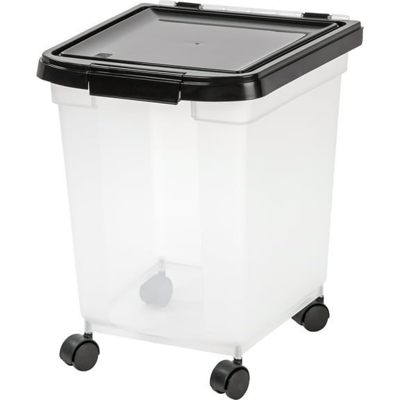 IRIS USA 25 Lbs / 32.5 Qt WeatherPro Airtight Pet Food Storage Container with Removable Casters, for Dog Cat Bird and Other Pet Food Storage Bin, Keep Fresh, Translucent Body, Clear/Black