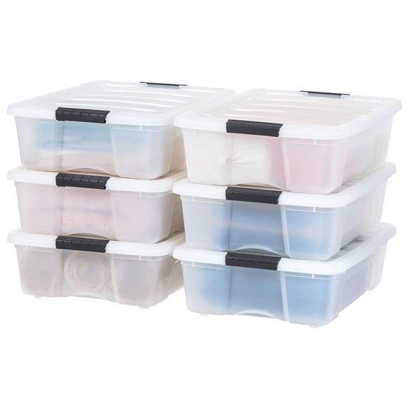 IRIS USA 27 Quart Plastic Storage Box with Lid, Stackable Design, Pearl, 6 Pack