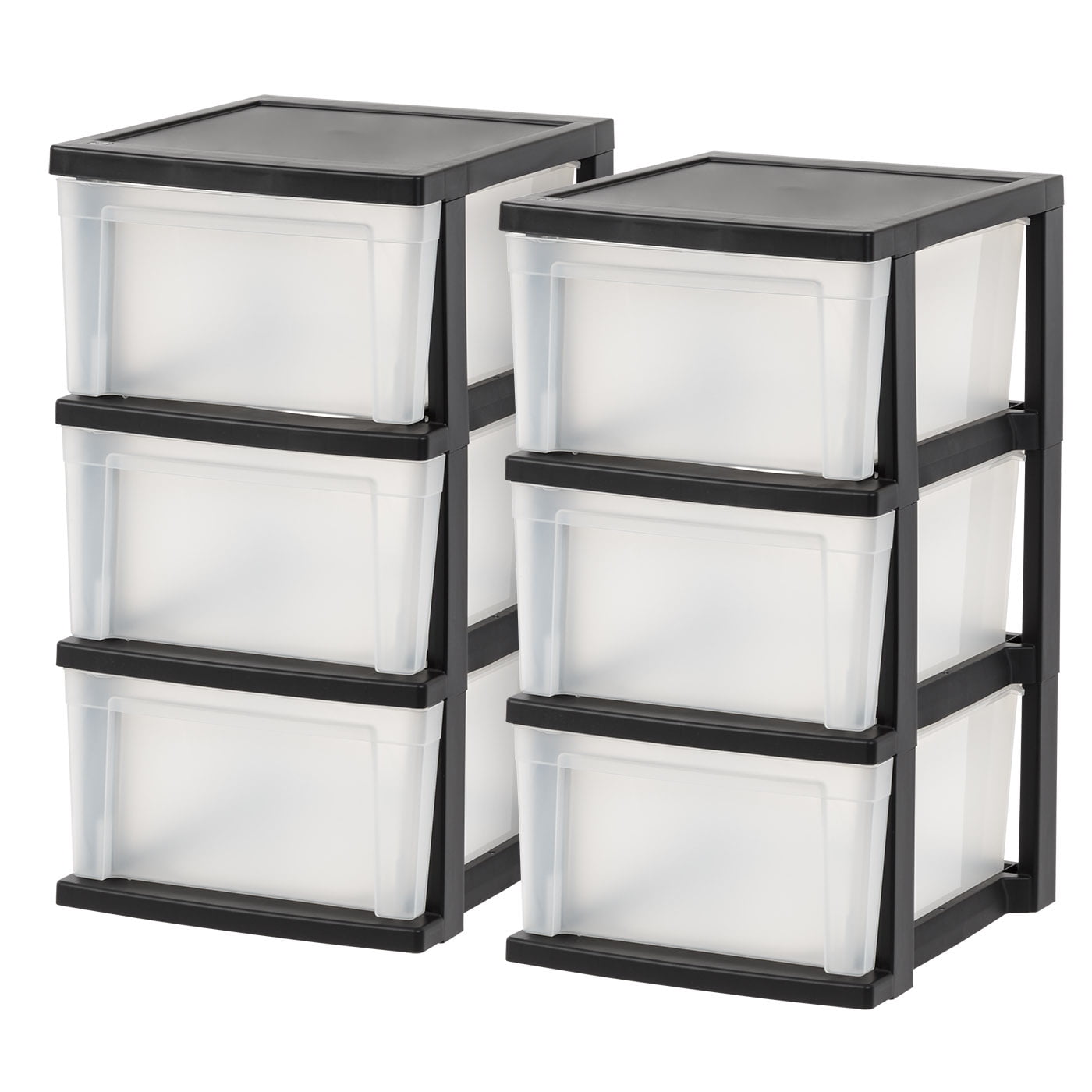 Black and Clear Stackable Plastic Storage Drawers, 3-Drawer, 2-Pack