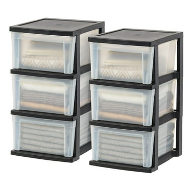 IRIS USA 3-Drawer Plastic Storage Dresser, 2-Pack, Standing Organizer Storage Container Bin with Drawers for Clothes Crafts Classroom Bedroom Dorm, Black/Clear