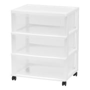 IRIS USA 3 Drawer Wide Storage Drawer Cart with Caster Wheels, Plastic Rolling Dresser for Home Closet Bedroom Bathroom Office Laundry Kitchen Craft Room Nursery and School Dorm, White/Clear